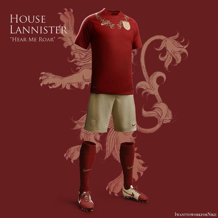 Uniforme completo da famlia Lannister, com o lema 'Oua-me rugir'