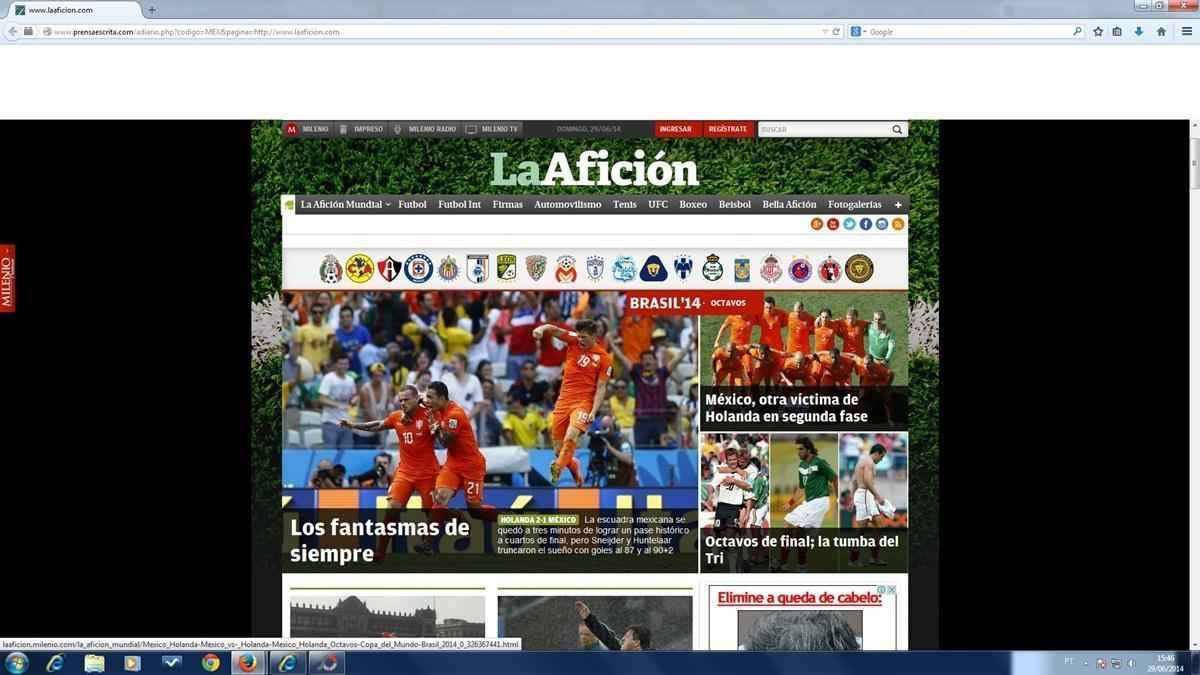 La Aficin abre a chamada principal do site com o ttulo: 'Os fantasmas de sempre' e uma foto da seleo da Holanda comemorando o gol.